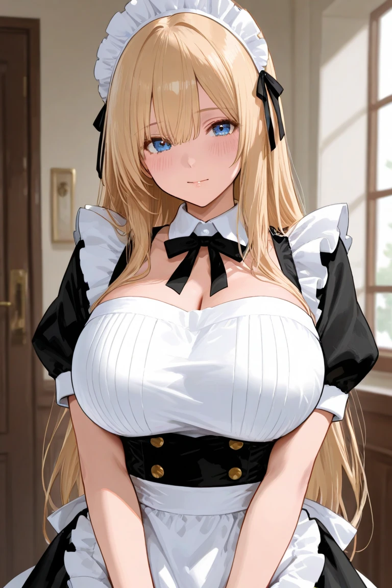 ((highest quality、High resolution))、Portrait、Perfect body、Beautiful ample breasts、Long blonde、bangs、Sexually excited facial expression、((POV、Maid showing pussy))、Love juice、I'm inviting you to have sex