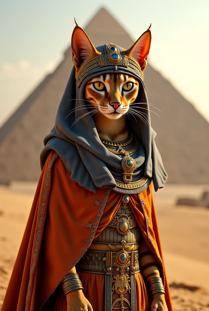 Movie poster, National Geographic, (Masterpiece) (fantastical work) (highest quality) professional photograph of a ((bipedal ginger orange woman cat)), she is standing on her two back legs as a humanoid cat and she's bipedal. (The cat is Cleopatra the Egyptian Pharaoh), she's inside his palace, standing and in a comfortable ancient egyptian palace. (Large open window shows the Egyptian Pyramids and egyptian city). Ancient history, the pharaoh cat is wearing golden ornaments and white cotton ancient Egyptian clothes. <lora:add-detail-xl:1>. The femalecat has beautiful eyes. (Cleopatra-cat has large breasts) <lora:PerfectFullBreasts-fCV3.5:1>
