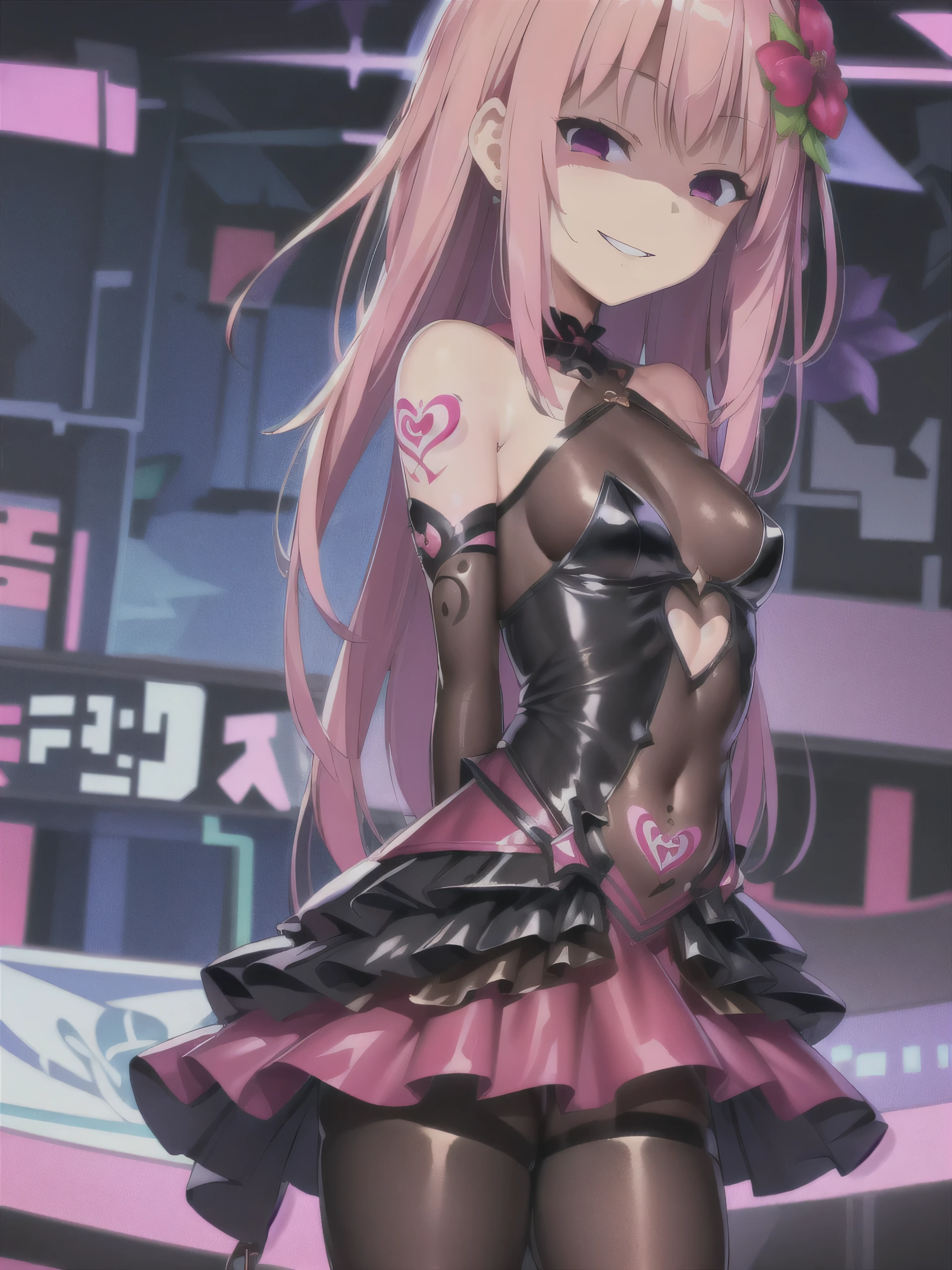Cinematic scene, hero view, a female vocaloid singing and dancing on stage, deep pink hair, braids, wearing a tight full body bodysuit, action pose, extremely beautiful piercing eyes, detailed background, masterpiece, best quality, high quality, highres, absurdres, very detailed, high resolution, sharp, sharp image, 4k, 8k <lora:mmd_xl_v2:1>