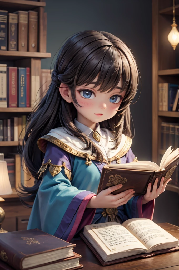 1girl, blue eyes, blurry, book, cape, closed mouth, hair between eyes, hair ornament, hairband, holding, holding book, long sleeves, looking at viewer, open book, purple hair, reading, short hair, sitting, solo, realistic, 3d, lustrous skin