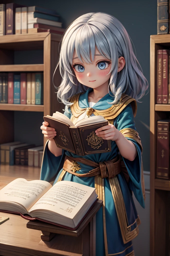 Female Idol Covered in Books(Cute priestess costume)、Reluctant、full body Esbian、sacred place
