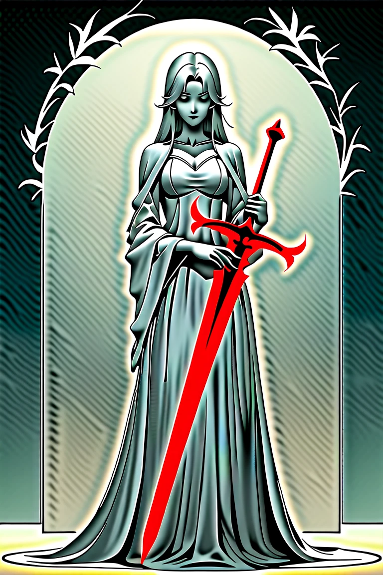 flat color,LOR Artstyle, veil, solo, flower, white background, simple background, holding, crown, staff, blood, rose, no humans, holding staff, weapon, red flower, blood, bloodstain
