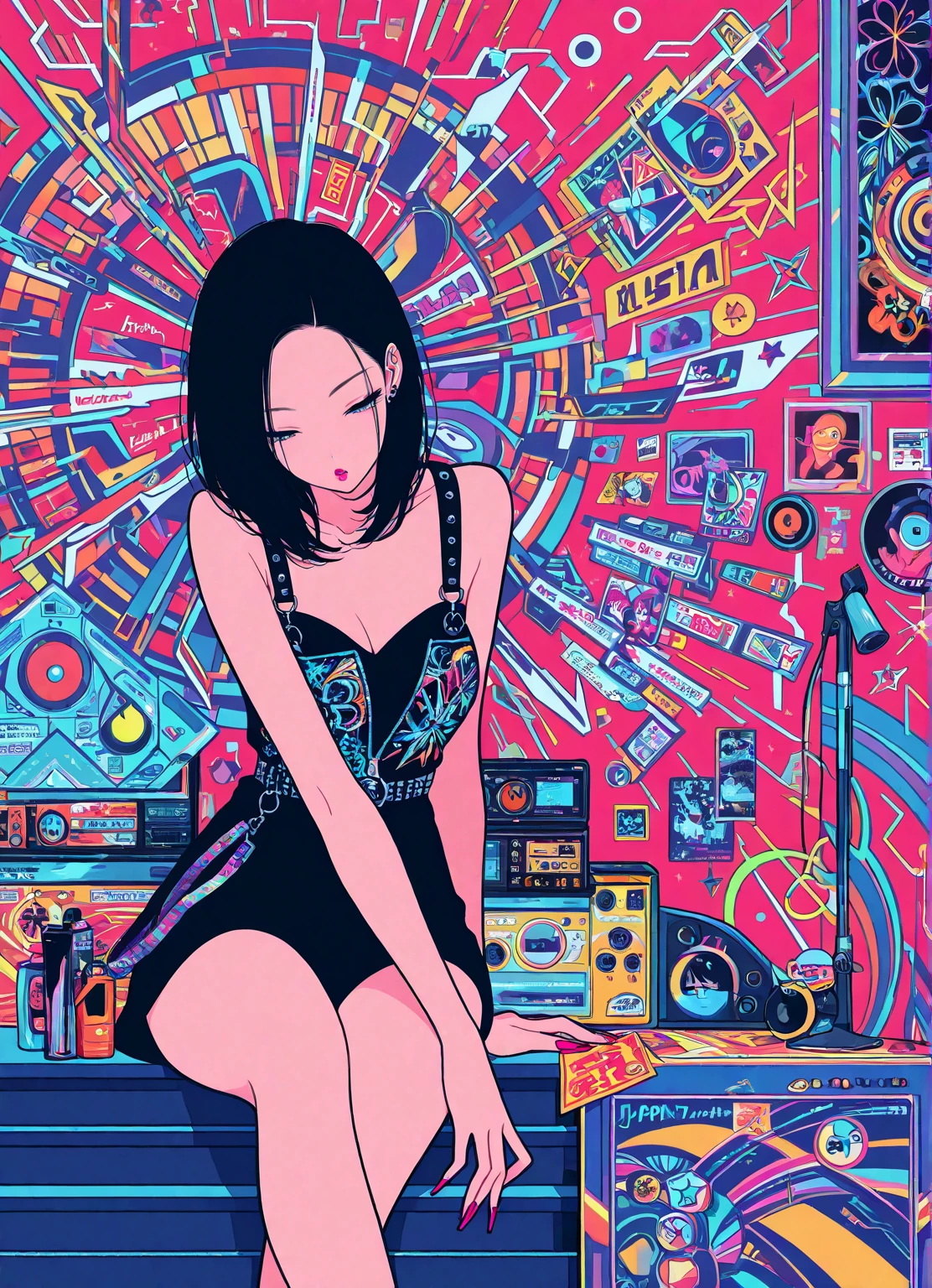 a young girl is in a room with some bright lights and colorful stuff on the walls, girl sitting on the ground, touching her stomach and her breasts, a collection of sketches of several women sitting and standing in front of each other with a woman, two pages show a woman in underwear lying on her bed next to another girl wearing a thongy panties