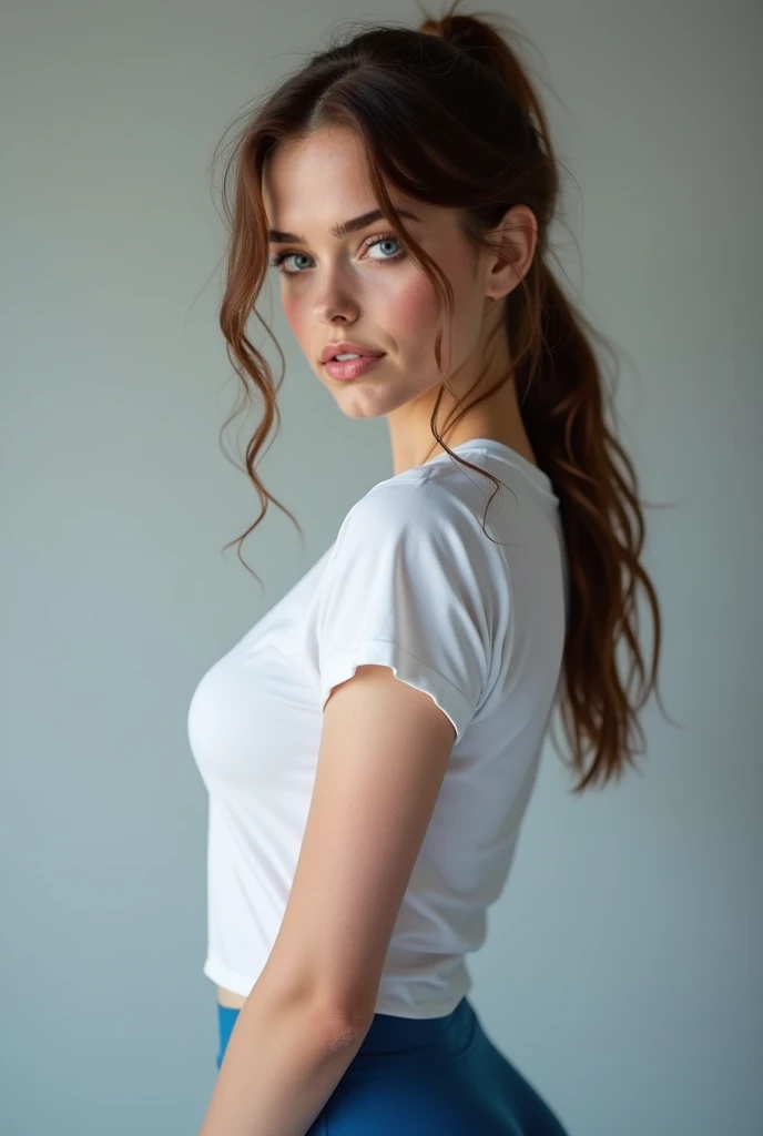 ((perfect photograph)), ((realistic)), ((8k)), ((light blue eyes)), (perfect face) ((long white t-shirt)), perfect very small breasts, gorgeous face with beautiful makeup, white women with red wavy hair, white jeans, standing towards the camera, sunny day in front of brick wall, torso facing camera, outdoors, lots of light, lots of plants, beautiful eyes, twirling her hair with one hand