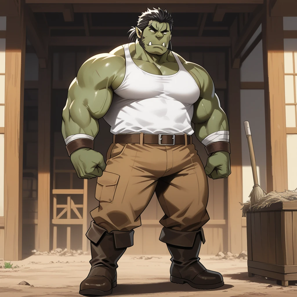 Male, orc, green skin, masculine, stoic, muscular, hairy body, Japanese , school outfit, white sleeveless shirt, small blue skirt, crossdressing 