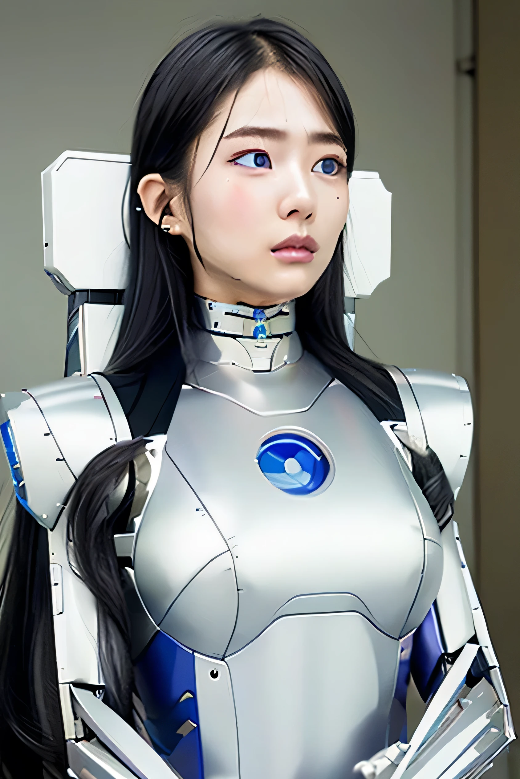 masterpiece, best quality, extremely detailed,portrait, Japanese android girl,Plump ,control panels,robot arms,robot,android,cyborg,robot body,blunt bangs,robot repair plant,black skinny pants,boots,blue eyes,