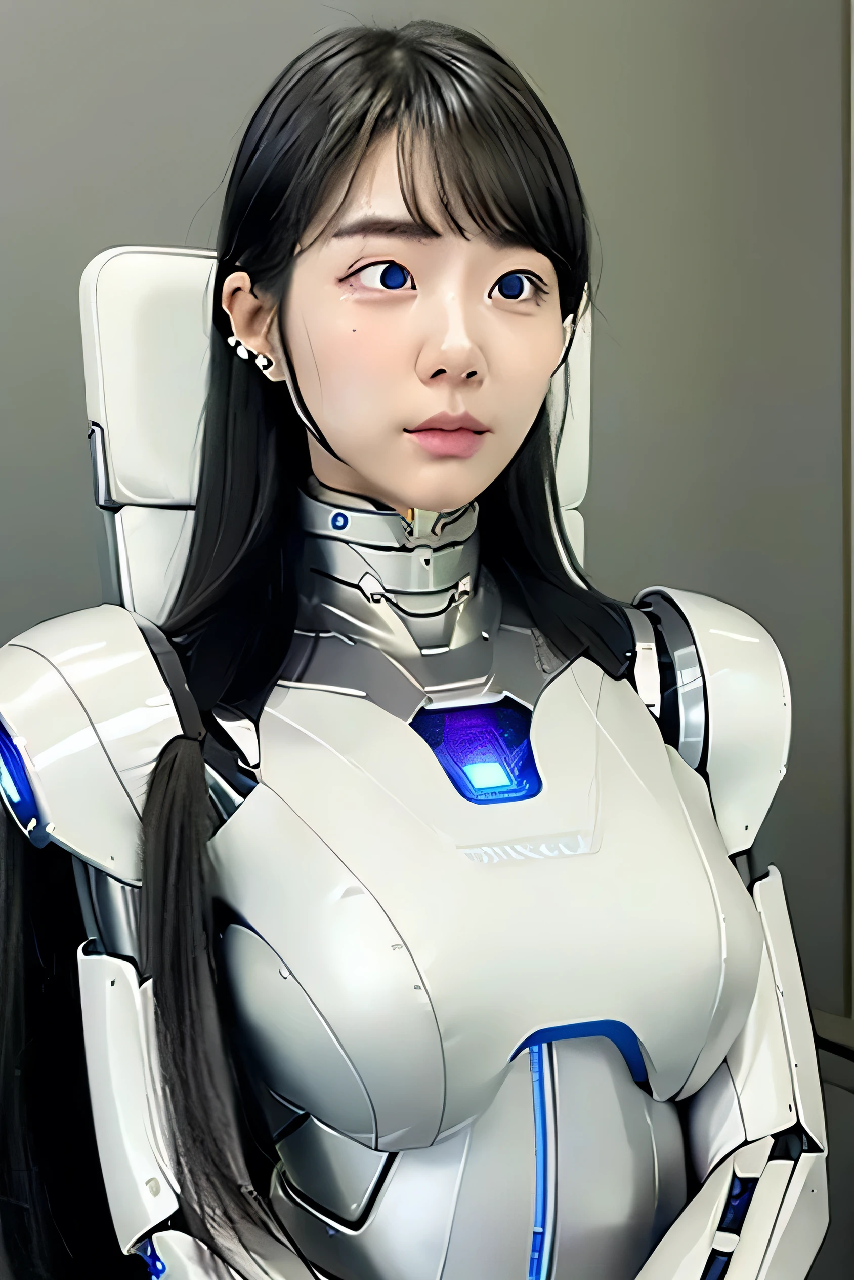 masterpiece, best quality, extremely detailed, Japaese android girl,portrait,Plump,a bit chubby,control panels,android,Droid,Mechanical Hand, Robot arms and legs, Black hair,Blunt bangs,perfect robot girl,long tube,thick cable connected her neck,android,robot,humanoid,cyborg,japanese cyborg girl ,robot-assembly plant,She is assembling now,assembly scene,blue eyes,chest monitor,hypnosis,blank eyes