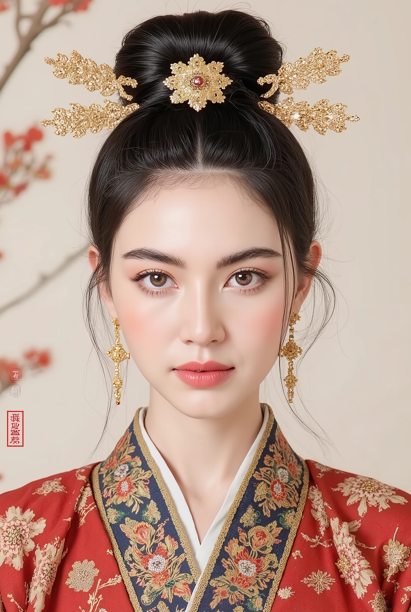 (masterpiece), Chinese brush painting, breathtaking ancient woman, (priest dress), (elegant full body pose), (frontal view), highlighted intricate details, vibrant ink strokes, harmonious color palette, showcasing grace and beauty, winning award quality, (symmetric face), (symmetric body), ultra-detailed, 8K resolution, capturing cultural essence in exquisite artistry, serene and enchanting ambiance.