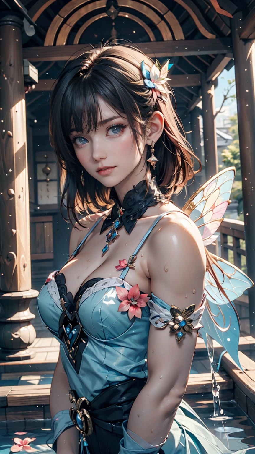(((girl))，Big Breasts，(Cleavage)，Long skirt，Iridescent colors，(Flower Fairy)，(Rich colors)，spring，Arthur effect, Transparent body, Gradient translucent glass melt, Caustics, Clear glass texture, Iridescent colors, design：Dietrams, Simple, Shining in every detail, White background, 工業design, Studio Lighting, c4d, OC Renderer, Beautiful shadows, 4K