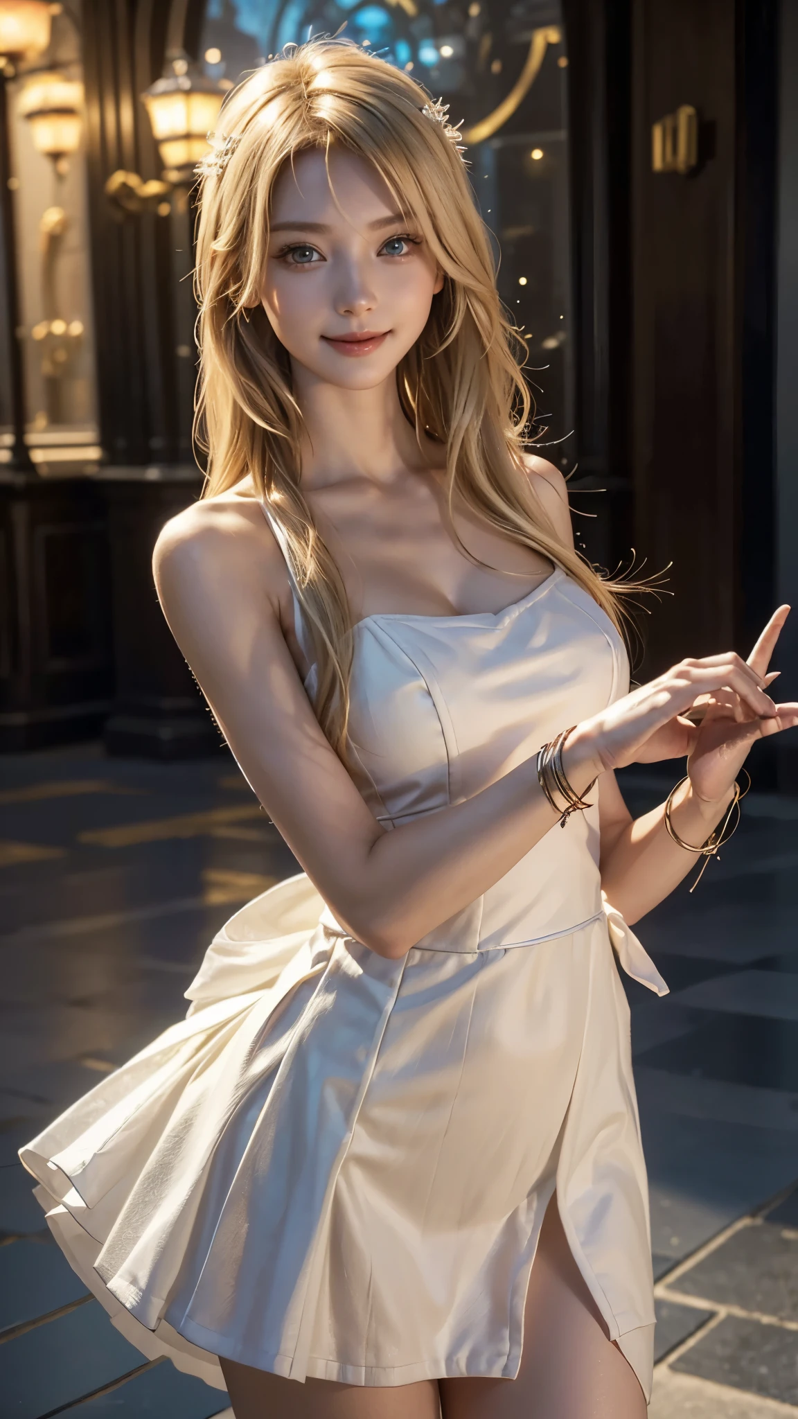 1 girl, cute girl, (((blue eyes , golden hair, medium breast, collar bones))), masterpiece, best quality, ultra detailed, realistic light, top quality, 8k, photography, sexy dress and skirt, church background