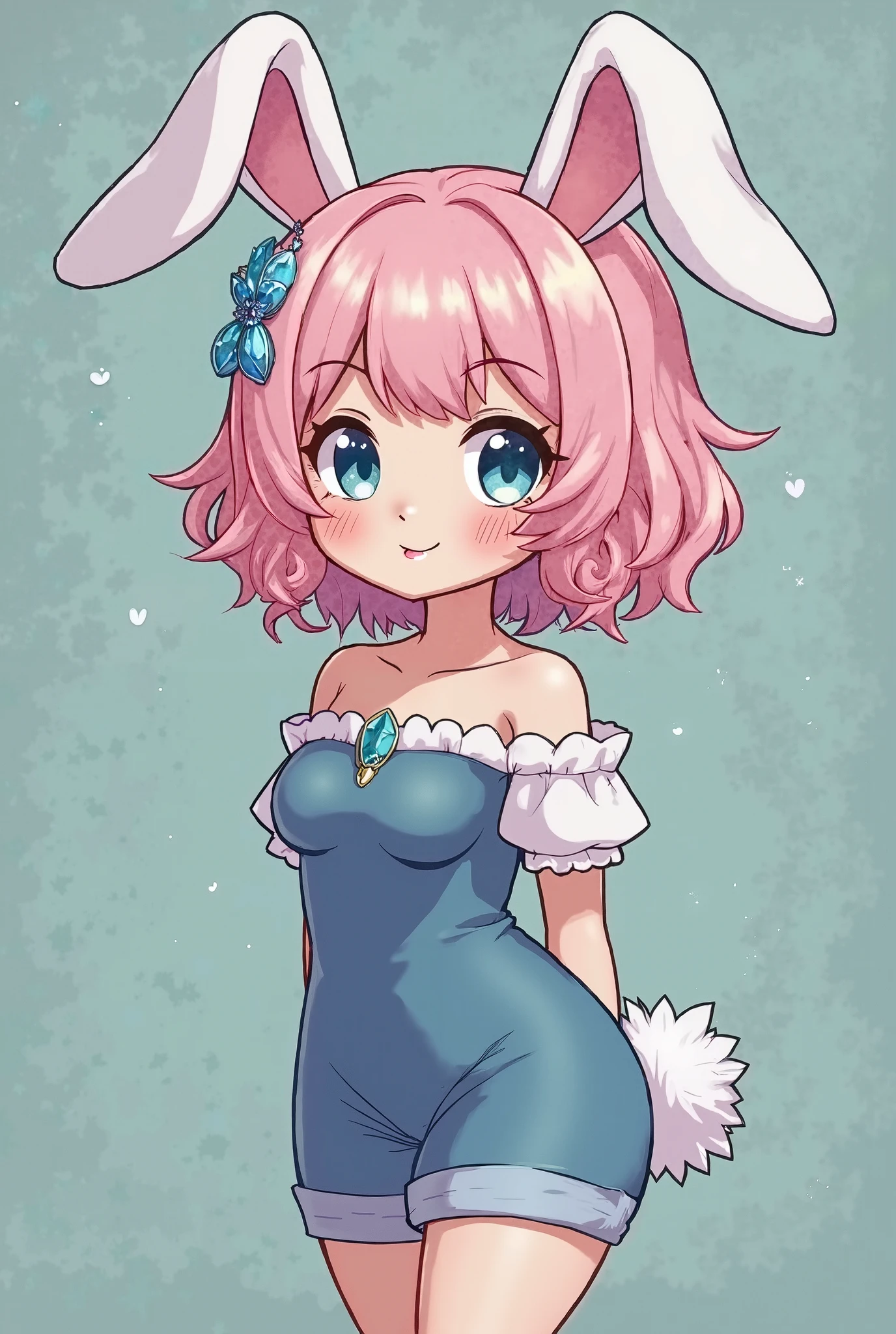 generate an image for me, anime style a cute medival   human character with babypink curly short hair with straight bangs and round sparkly naive icy blue eyes, curvy body a bit big  and with a blue tight short dress long, human with  tail and loose white furry  ears plump pink full lips and cheeks with medival fantasy background small blue jewels earrings on her  ears and green shade on her doe naive icy blue eyes