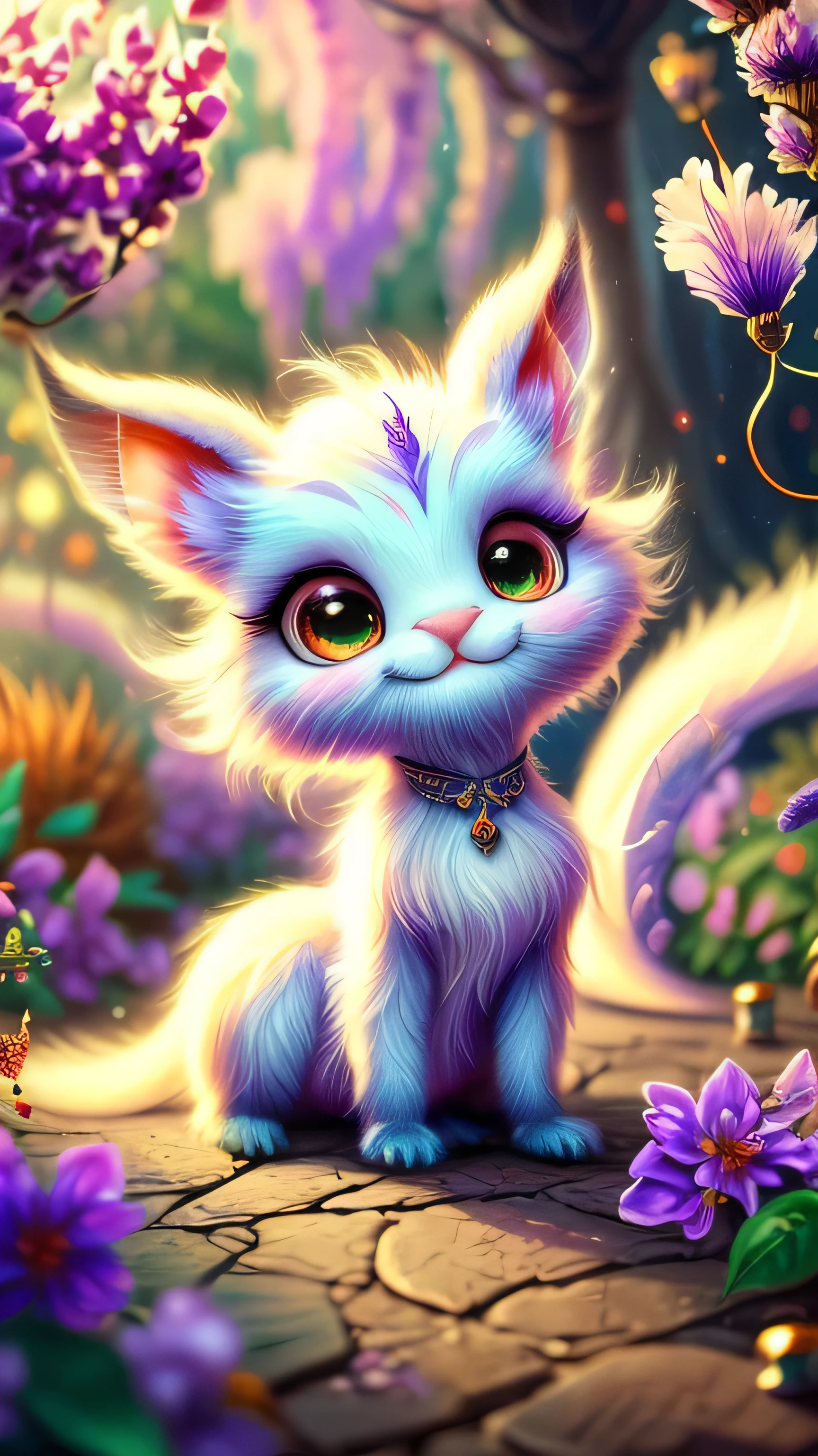 whimsical airbrush and oil painting, best angle of a Very cute mythical graceful transparent anthropomorphic furry creature holds purple lilac, thin arms, fragile thread legs, purple lilac spirit, Mystical garden where purple lilac grows in a professional photograph by Awwchang :: Luis Royo :: WLOP :: Artgerm Lau :: Anne Stokes :: natural deep colors