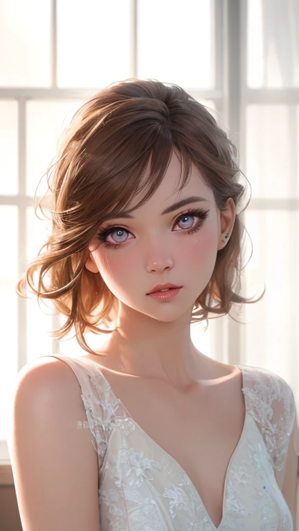 1girl, solo focus, young lady, skin imperfection, white skin, perfect face, puffy face, beautiful face, big eyes, puffy eyes, pink eyes, perfect eyes, eyelashes, medium high bun dark brown hair