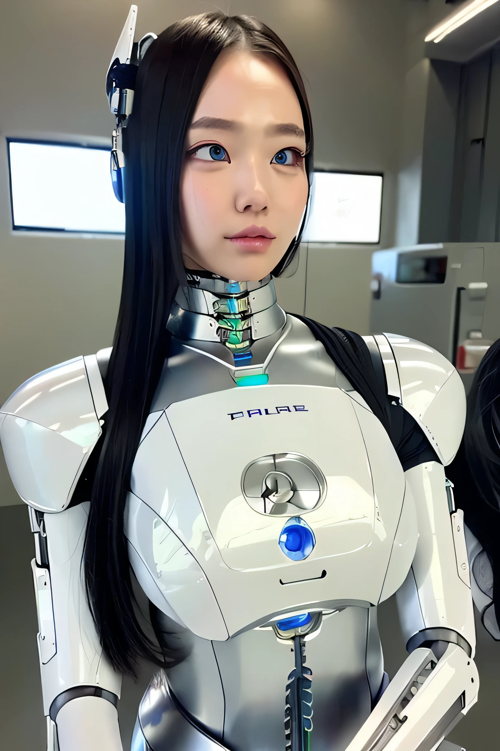 masterpiece, best quality, extremely detailed, Japaese Cyborg girl,Plump , control panels,android,Droid,Mechanical Hand, Robot arms and legs, Black Robot Parts,silver hair,Mechanical body,long hair,forehead,White robotics parts,perfect robot girl,long tube,thick cable connected her neck,ceramic body ,mechanical body, mechanical ear cover, mechanical costume,android,robot,humanoid,cyborg,japanese android woman ,mechanical chest,blue eyes,future laboratory,connecting a cable between the legs,