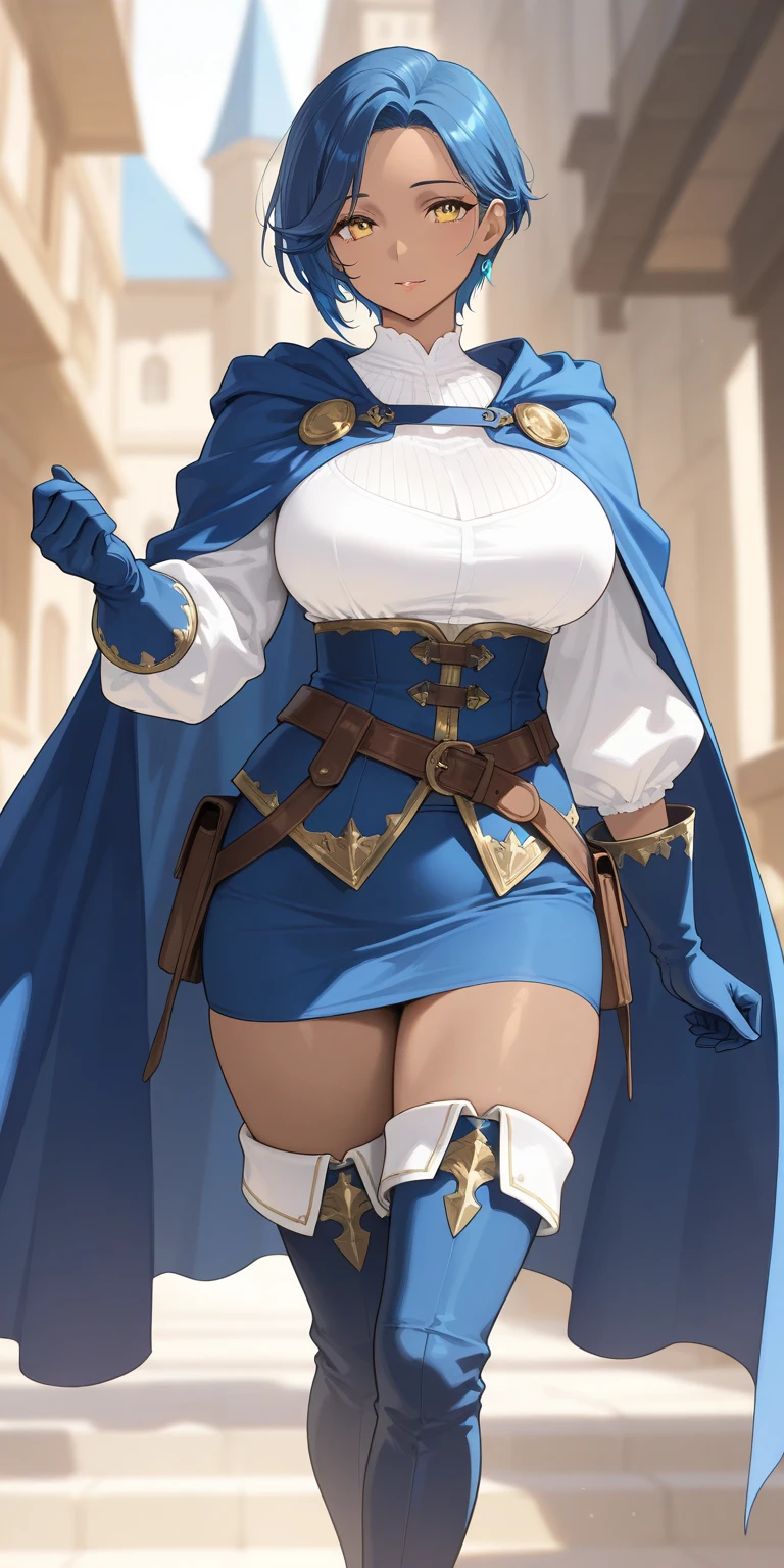 highest quality,masterpiece,8k,1girl,((((((10 years old)))))),((big breasts:1.3)),smile,blush, sweat,black hair,long hair,((waist-cape armor,white shirt,blue skirt:1.3)),mini skirt,fantasy,lift skirt,upskirt,white panties,white thighhighs