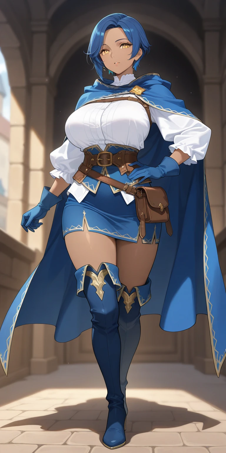 (((((middle age woman))))), masterpiece, ultra detailed, 8k portrait, RAW photo, portrait photography, highly detailed face, ((Fantasy)), 1 woman, (((short woman))), (((sorcerer))), (((((nervous expression))))), (((spread legs and standing))), (((Error-filled face))), 33 years old, (((slutty woman))), (((((pussy odor))))), (((bad smell))), (((blacked small eyes))), (((long straight black hair))), ((low ponytail)), (((hide face with long sideburns))), large earrings, (((white skin color))), (((((Dull blue ultra fit puffy sleeve one-piece dress and micro flare skirt))))), double big button, (((black silk cloak))), (((little waist hip pouch))), (((leather boots))))), (((equip a long wood rod))), Midday Sun, hyper realistic, ((((flat chest)))), (((thick thighs))), Long legs, in the medieval adventurer's guild, Ambient lighting, Shadow details , Camera focus on thigh, strong breeze, Light fog