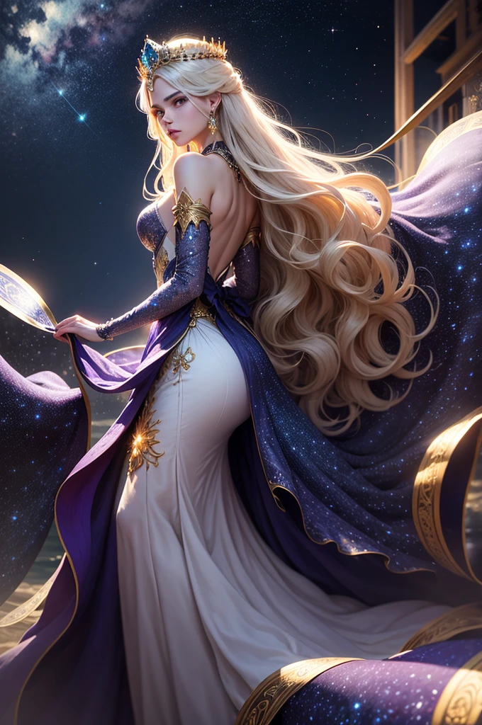 The art depicts a charming woman dressed in a flowing, oriental transparent dress, decorated with sexy patterns and bright colors. Showing small round ass, Her transparent dress drapes elegantly over her curvy figure, accentuating her seductive silhouette. She stood gracefully in the quiet moonlit night, bathed in the soft glow of the moonlight. The scene exudes an ethereal and dreamy atmosphere, with a touch of mystery and sexiness. The graphic style blends watercolor and digital illustration techniques to evoke a refined beauty and charm. The lights are filled with soft moonlight, casting soft highlights and shadows on her charming features. Bare buttocks, three-dimensional facial features, lying on bed, clear eyes, topless, nipples visible,full body,