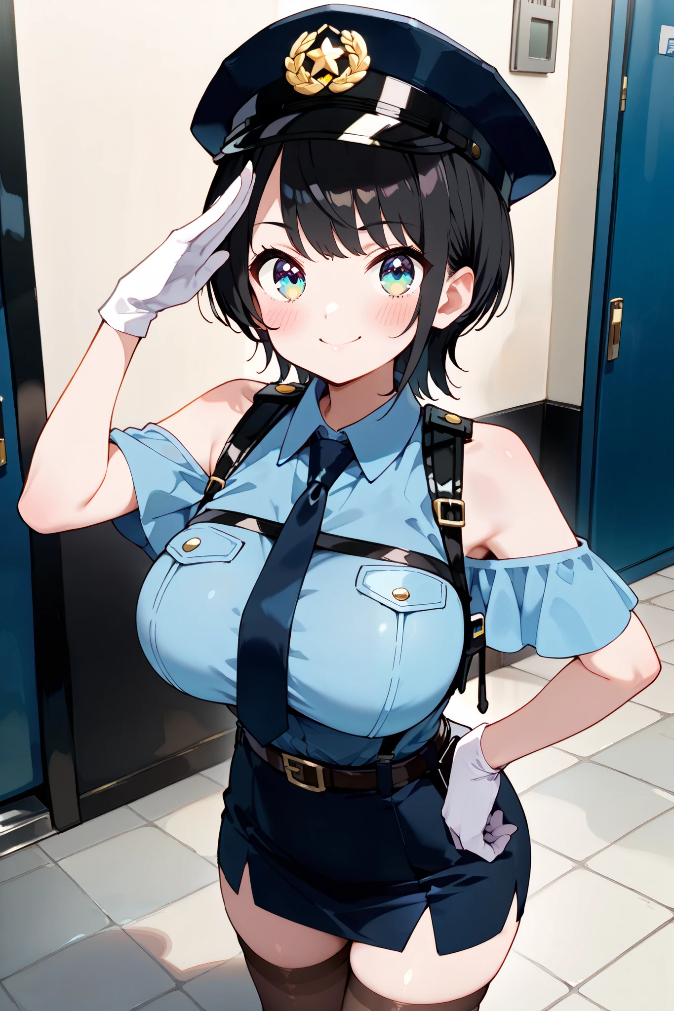 {Highest quality}, {so beautiful}, {Very detailed,beautiful face:1.4}, {Best illustrations},iisubaru, short hair, black hair,  peaked cap, multicolored eyes, police uniform, bare shoulders, black necktie, harness, collared shirt, blue shirt, shoulder cutout, short sleeves, white gloves, belt, high-waist skirt, black skirt, brown thighhighs,(huge breast),(blush、smile),police box、salute、 hands on hips、( stretch your chest 、Lean back、Bossy)