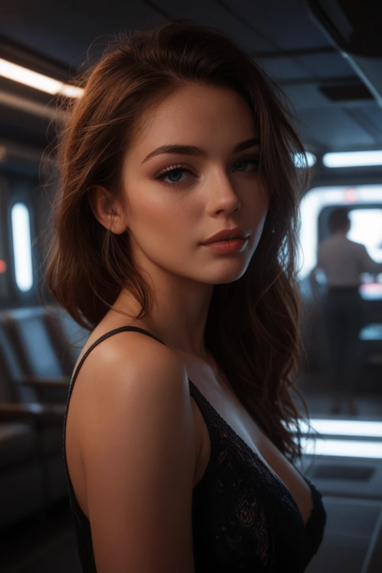 Description: A close-up portrait of the young woman with long, slightly wavy chestnut hair, blue eyes, a flawless face with professional model makeup, and wearing a black top. The background is a modern studio with neon lights.
Mood: Introduction, inviting, and captivating.