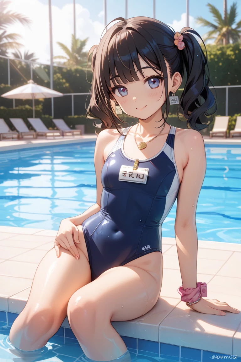 1girl,solo,swimsuit,breasts,day,outdoors,one-piece_swimsuit,goggles,water,wet,chain-link_fence,pool,swim_cap,competition_swimsuit,photo_(medium)
