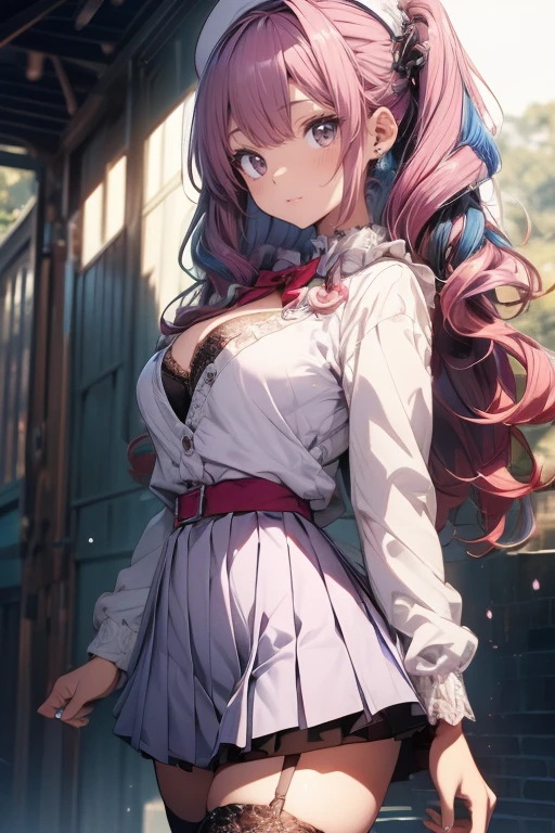 a masterpiece, best quality, highres, absurdres, 1girl, crowd, skirt, wind blowing skirt up, laced underwear, pink hair, marin kitagawa, from below, revealing clothes, skindentation, outdoors, sunlight, street, looking at viewer, blush, detailed face, beautiful detailed eyes, beautiful detailed lips, extremely detailed face, long eyelashes, cinematic lighting, depth of field, volumetric lighting, photorealistic, digital painting, concept art, vibrant colors, dynamic pose