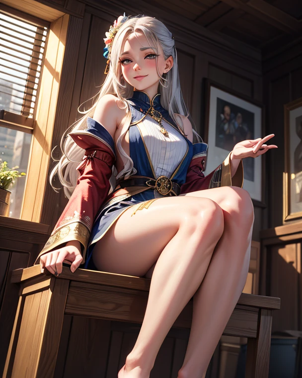Silvery curly hair、hime-cut、Girl with golden eyes、View of the crotch from below、flat chest、Thin pubic hair、Beautiful open legs、Red military uniform