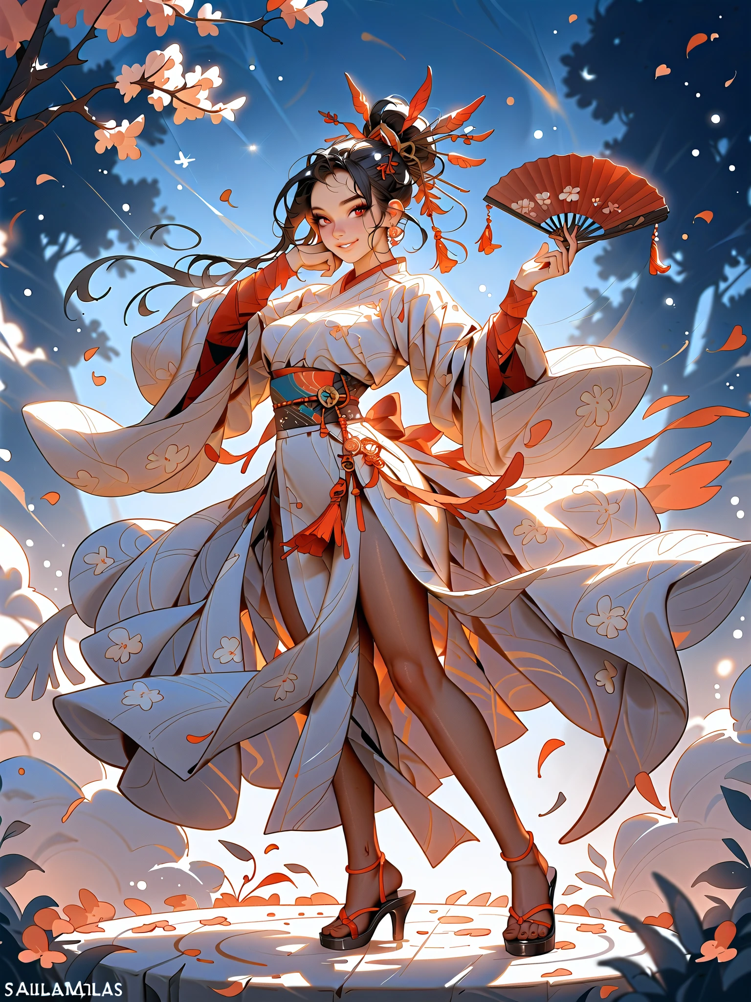 1 Hanfu loli, With a petite figure,
The bust is small, Slim body type,
White clothes in tulle(Hanfu),Jewelry with elaborate patterns on clothes,Color matching of jewelry,
Three-dimensional face, A vivid face,Face naturally,looking toward the viewer,
cheerfulness,self-assured,
Glossy glossy skin, Perfect body proportions,
whaite hair, extra very long hair, Fluttering, floating,
Thighs and pantyhose,Patterned onesies,Jumpsuit stockings with lace,
The clothes have hems,
Clothing should not cover all legs,Remove excess legs,Remove excess hands,Remove excess feet,
Colorful glow at dawn, Scenes(Faraway view: 1.2),
It seems to be dancing at any moment,
Physical coordination,
The most beautiful image ever,
Animation effects, Light and shadow effects,
detail texture,(best qualtiy),(tmasterpiece),super detailing,A high resolution, --auto