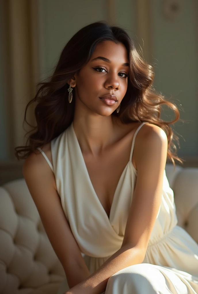 a woman with brown hair and a white top posing for a picture in the club, with brown skin, jaw-dropping beauty, jaw dropping beauty, light brown skin, brown skin. light makeup, light-brown skin, dark brown skin, ( brown skin ), stunning face, dark skin tone, beautiful look, she has olive brown skin, stunning beauty, gorgeous woman, brown skin