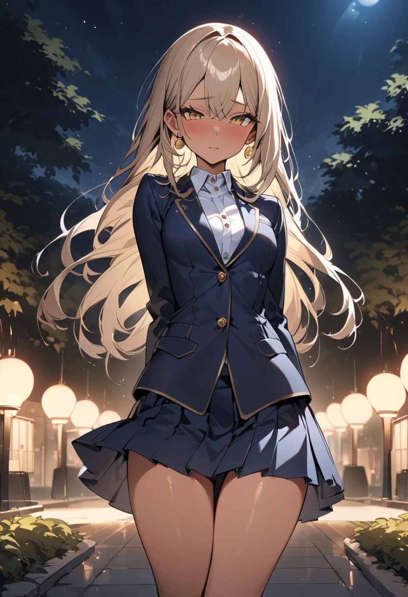 ((Perfect Anatomy:1.2,Realistic:1.3,RAW Photos:1.3,masterpiece、highest quality、Ultra - High resolution、High resolution、Highly detailed CG、8k)),Cowboy Shot. 1 female,alone,18-year-old、high school girl,beautiful girl,Japanese,((Beautiful and graceful face and eyes:1.2,Big beautiful eyes:1.3,)),blonde,Twin tails,(Center parted hair:1.4,amount),Small Head:1.3,thin,((Dark brown skin:1.4)),(Oily skin,Glowing Skin,Shiny skin),(Provocative smile),(school uniform、Dark blue blazer jacket、Checkered pleated mini skirt),((Roll up your skirt)).,((Show viewers white panties)),Are standing. The background is a dirty back alley,((night)),((dark)),Tokyo.