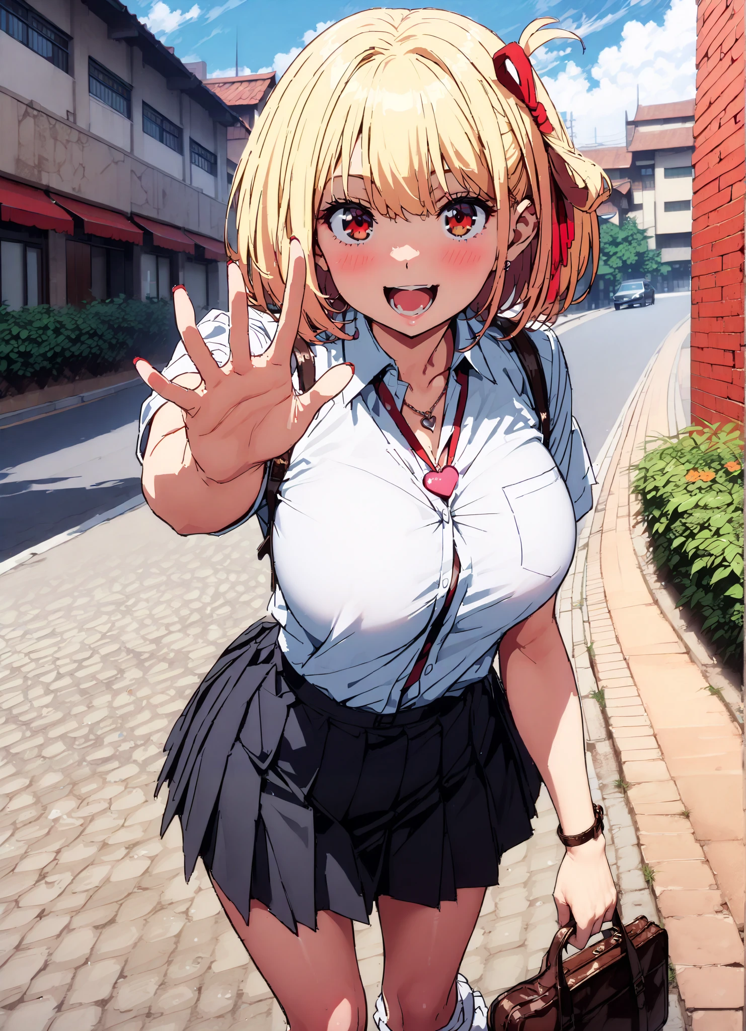 Nishiki Shiho , Nishiki Castle Senri, short hair, bangs, blond hair, red eyes, hair ribbon, One Side Up, bob cut,Big Breasts, Chest Valley, gal,smile,blush,opens her mouth, heart shaped necklace , collared shirt,Short sleeve,school bag , Black Mini Pleated Skirt , loose socks , loafers,standing,building,noon,full bodyがイラストに入るように,
break outdoors, City,
break looking at viewer,full body,
break (masterpiece:1.2),Highest quality , kampala, Unity 8K Wallpaper ,(shape:0.8),( fine, beautiful eyes :1.6),It's a person ,full body写真,CG Details , ( perfect hands, complete anatomy),