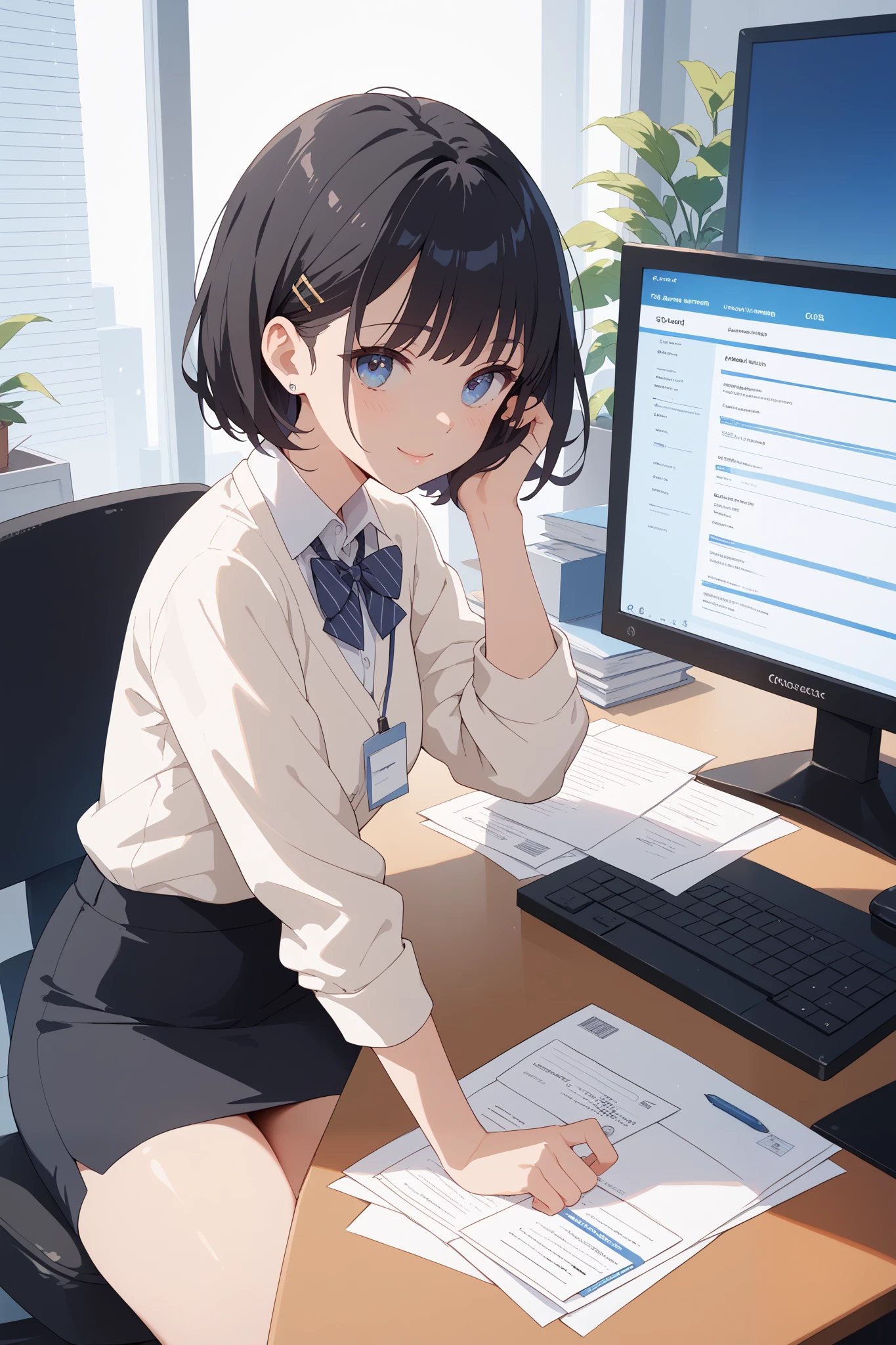 one woman、 black hair、short bob、Cardigan、company employee、clerk、New Employees、recruitment suit、An empty office、There is a computer on the desk、小さいおっぱいのclerkとオフィスでセックスしている