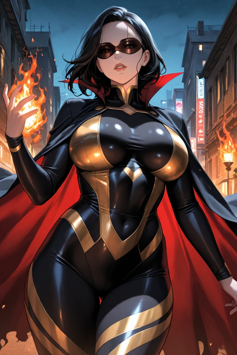 (1girl), (Iconic HawkgirL), in focus, photograph, (stylized, comic-book realism), (full body shot), wings spread wide, chest area accentuated, big breasts, detailed musculature, defined arms, wings feathers ruffled, intense gaze, red and gold armor, golden hoop earrings, bold black eyes, textured skin, intricate details, high quality, vibrant colors, comic book art style, dynamic pose.