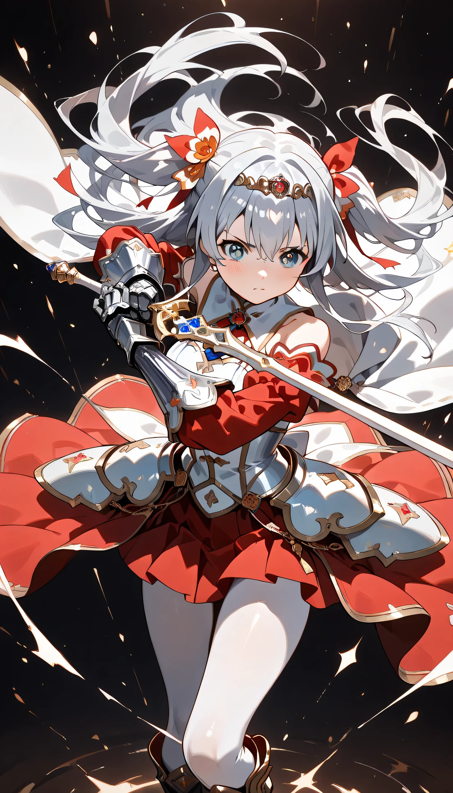((ultra-detailed)), (highly detailed CG illustration), (best quality:1.2), ultra-highly detailed, colorful composition, artistic photoshoot, solo focus, (upper body), moe anime character, girl, dainty facial structure, babyface, round face, rounded chin, ideal ratio body proportions, celia-default, celia claire, blue eyes, sparkle eyes, silver hair color, two side up, hair ribbon, ample breasts, fantasy motif princess knight costume with sword weapon, matching design of pearl white metal plate armor and red dress, (white metal plate armor covers entire body:1.2), princess tiara decorated with beautiful red jewels, wear elegant and beautifully decorated pearl white metal plate armor over a elegant red princess dress, white metal armor texture with an elegant luster, elaborate gold decorations, elizabeth color with jewelry brooch, ((serious:1.4)), ((holding fantasy motif magical sword combat stance:1.4)), ((in a battle posture:1.4)), bare shoulder, cold shoulder, bare thighs, ((matching design white metal gauntlet with gold decoration, armed covers from elbow to wrist:1.2)), white metal heeled boots with gold decoration, corset shaped waist parts, lace-up, ribbon decoration, white pantyhose, red lace flared skirt, (layered skirt-hem), white tulle lace on skirt, wide A-line, mini skirt, long cape made of organza material with a beautiful gradation of white and red, (glowing aura), ((dynamic pose:1.4)), (fighting in fantasy), expecting, pink cheek, pink gloss slip, portrait, depth of field, lighting, sidelighting, (shine), lighting, caustics, ray tracing, lustrous skin, highly detailed face, highly detailed eyes, perfect nose, perfect anatomy, beautiful hair, beautiful small face, beautiful detailed eyes, beautiful clavicle, beautiful body, beautiful breasts, leavage, breasts squeezed together, beautiful thin thighs, beautiful legs, beautiful fingers, lovely, (very detailed background:1.0), (highly detailed background:1.0), intricate details, chromatic aberration