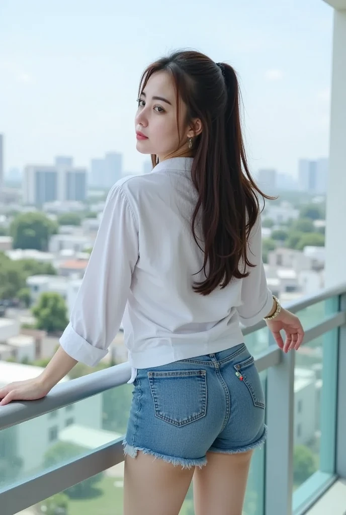 Realistic images of Japanese beautiful girls, 1girl in, (Photorealistic:1.4), masutepiece, Best Quality, 8K, 32K,Department store upward escalator,a miniskirt、short coat、bottom body close up、View from behind、Very low camera angle、Slouched、bent forward、((Panchira))、Buttocks