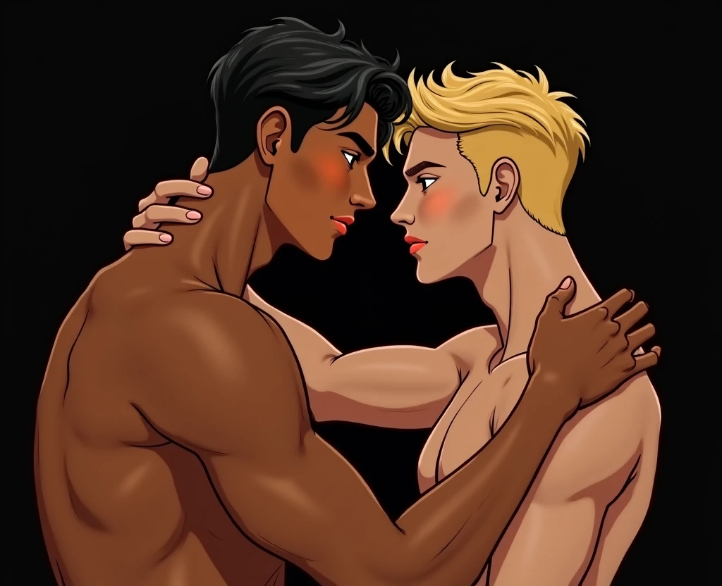 hentai of two men princes, one of them dark brown, chestnut hair, Brown eyes, wearing navy blue boxer briefs with white polka dots. The other blond man, clear eyes, skin fair, wearing a white tank top and black underwear. The two in a manhwa style drawing with a black background. 