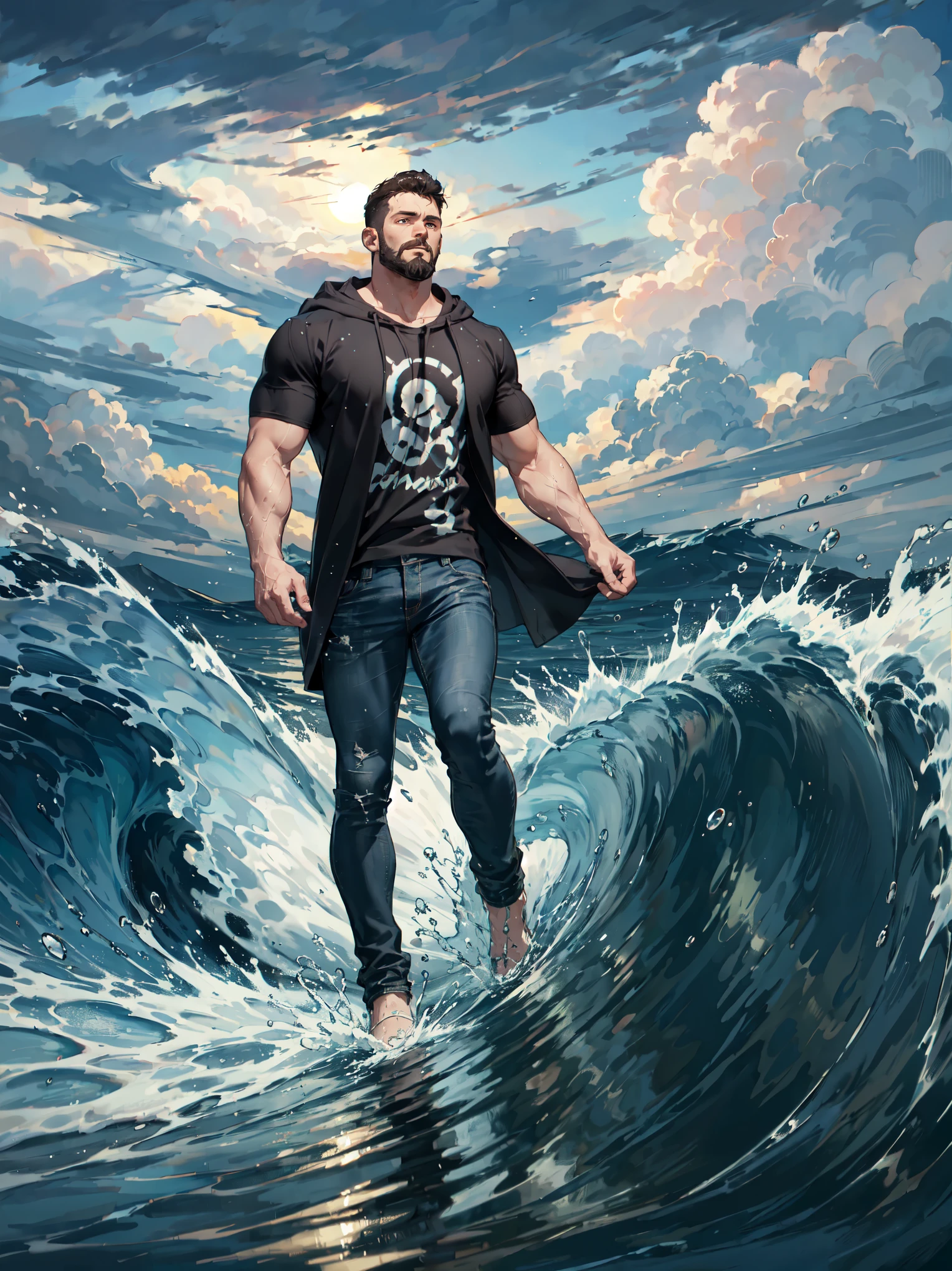 muscular man standing on a beach, posing on a beach with the ocean in the background with an impressive wave going towards the beach, wearing casual beach attire, beach photo, standing on a beach in sandals, standing on the beach, in a beach, about 3 5 years old, posing on the beach, on the beach, vacation photo, seashells in the background, realistic movie photography, epic movie scene, ocean wave towards the beach, action movie