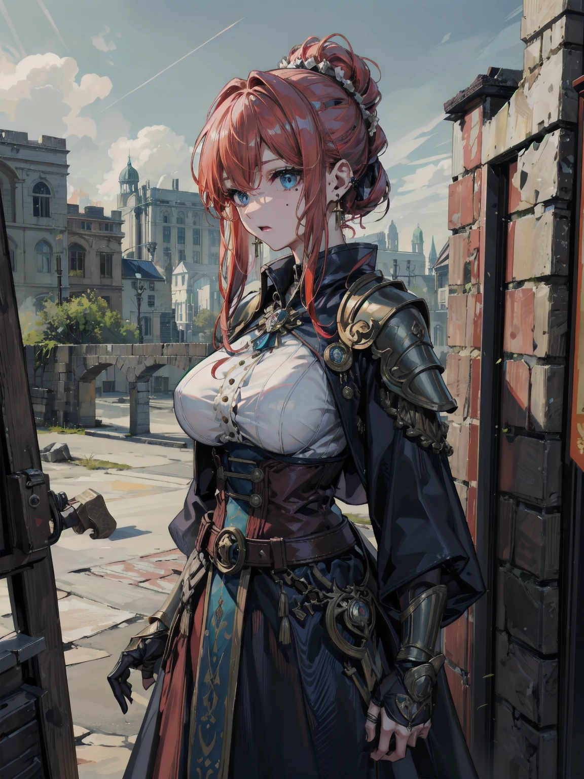 1 girl, Redhead, Twin tails,Long Hair、 Facial hair stripes, Red eyes, Impact, RAW Photos, 8k, masterpiece,Fantastic Background、Wizard