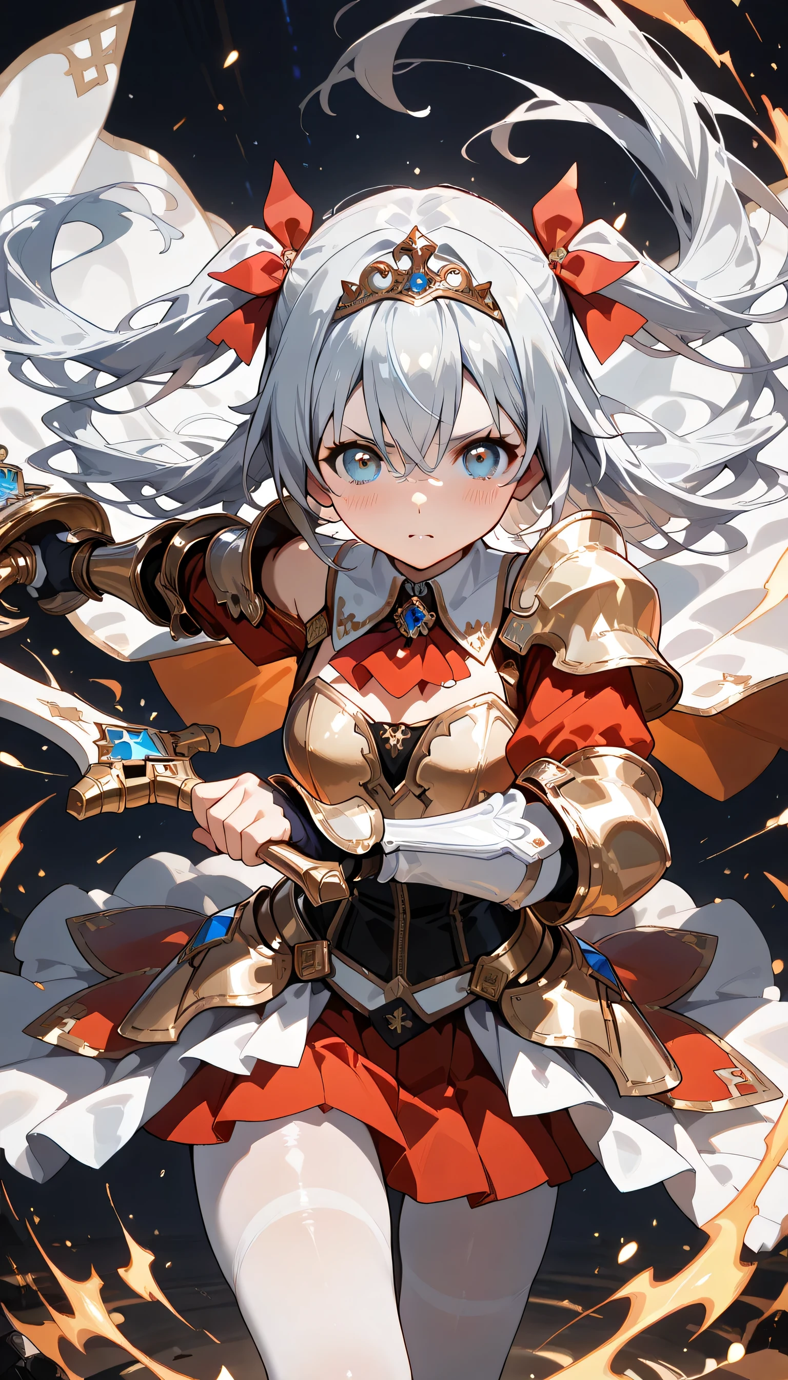 ((ultra-detailed)), (highly detailed CG illustration), (best quality:1.2), ultra-highly detailed, colorful composition, artistic photoshoot, solo focus, (cowboy shot), moe anime character,  girl, dainty facial structure, babyface, round face, rounded chin, ideal ratio body proportions, celia-default, celia claire, blue eyes, sparkle eyes, silver hair color, two side up, hair ribbon, ample breasts, fantasy motif princess knight costume with sword weapon, matching design of pearl white metal plate armor and red dress, (white metal plate armor covers entire body:1.2), princess tiara decorated with beautiful red jewels, wear elegant and beautifully decorated pearl white metal plate armor over a elegant red princess dress, white metal armor texture with an elegant luster, elaborate gold decorations, elizabeth color with jewelry brooch, ((serious:1.4)), ((holding  fantasy motif magical sword combat stance:1.4)), ((in a battle posture:1.4)), bare shoulder, cold shoulder, bare thighs, ((matching design white metal gauntlet with gold decoration, armed covers from elbow to wrist:1.2)), white metal heeled boots with gold decoration, corset shaped waist parts, lace-up, ribbon decoration, white pantyhose, red lace flared skirt, (layered skirt-hem), white tulle lace on skirt, wide A-line, mini skirt, long cape made of organza material with a beautiful gradation of white and red, (glowing aura), ((dynamic pose:1.4)), (fighting in fantasy), expecting, pink cheek, pink gloss slip, portrait, depth of field, lighting, sidelighting, (shine), lighting, caustics, ray tracing, lustrous skin, highly detailed face, highly detailed eyes, perfect nose, perfect anatomy, beautiful hair, beautiful small face, beautiful detailed eyes, beautiful clavicle, beautiful body, beautiful breasts, leavage, breasts squeezed together, beautiful thin thighs, beautiful legs, beautiful fingers, lovely, (very detailed background:1.0), (highly detailed background:1.0), intricate details, chromatic aberration