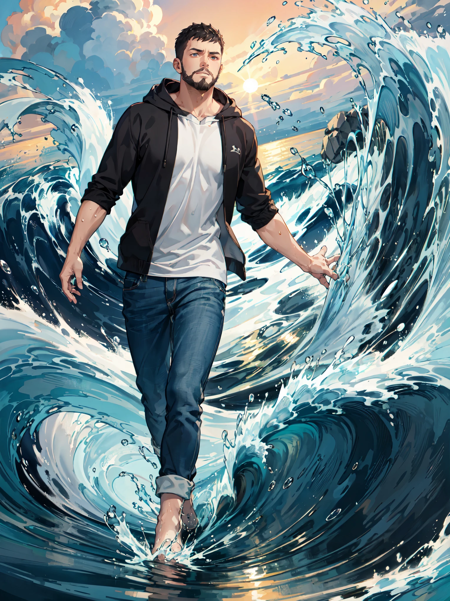 (water particles flying around), hydromancer, toned mature male, water magic, handsome, full beard, short undercut, mystic, modern outfit, masterpiece, eye focus, best quality, anatomically correct, (walk on water: 1.15), water particles flying around, ocean, huge waves behind character, ((storm)), huge waves around character, night, night sky, mystic, dark hair, walking to viewers, 1boy, manly, modern t-shirt, modern cardigan with the hood, ((hydromancer)), Waterbending, water bender, Detailed hand, Hand, Perfect hand, manly,