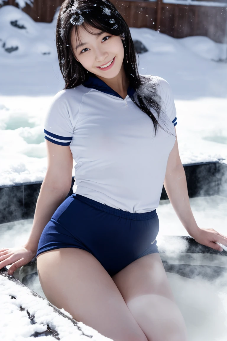 (A hyper-realistic、reallistic、Raw photography、masterpiece:1.3)、(Hoihoi:1.2)、(A hyper-realistic), (4In K), (ighly detailed), (The best illustrations),Brown hair、Heavy sweat、Attractive woman、bbw、Chunky lips、shiny lips、large udder、((Tight gym clothes、Has a snow-white short-sleeved top and very small shorts in dark blue.):1.3)、(A smile:1.3)、fully body photo、no-bra、Nipples are standing、soaked、Sitting with legs open、(camel's toe:1.3)、Looking at Viewer