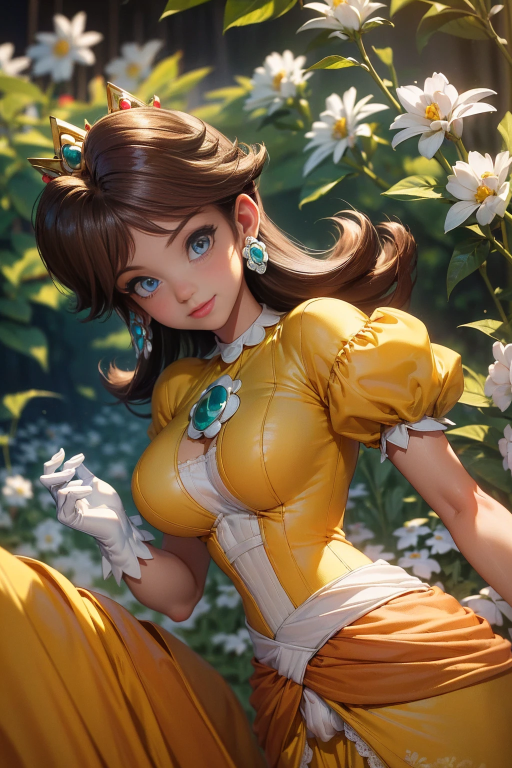 ((high detailed, best quality, 4k, hd:1.3)), Princess Daisy, blue eyes, original, seductive, attractive, fanart, sexy smile, smooth anime cg art, 36C breasts, long legs, vivid colors, detailed digital art, slim body, perfect skin, dark red hair, long hair, BREAK crown, cleavage, 36C cleavage, stuck behind glass, stuck behind a glass, looking at viewer, BREAK looking at viewer, extremely detailed face, sexy pose, yellow dress, yellow dress, yellow original dress, daisy, dress, flower, gem, dark black makeup lips, stuck behind a glass, stuck behind glass, dark gothic eyeshadows, dark eyeshadows, black eyeshadows, black sexy lips, black lips, (dark:1.2), dark lips, very dark lips, (perfect hands, perfect anatomy)