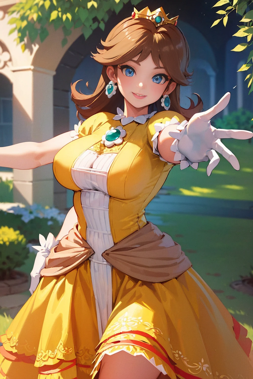 (best quality), (masterpiece), 1 girl, early 20's, huge heavy breasts, busty, perky breasts, thick, thick lips, wide hips, thin waist, princess daisy, blue eyes, brown hair, gold crown, yellow dress, skirt, white gloves, full dress, covered breasts