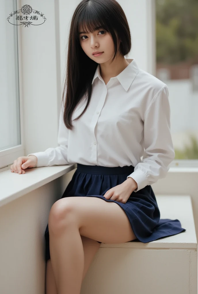8k, RAW photos, top quality, masterpiece: 1.2), ultra detailed, super resolution, (real, real photos: 1.37), portraits, high-definition RAW color photos, professional photos, very detailed and beautiful, very detailed, 8k wallpapers, amazing details, huge file size, official art, highly detailed CG Unity 8k wallpapers, highly detailed beautiful girls, highly detailed faces, Highly detailed eyes, very detailed skin, highly detailed fingers, very detailed nose, highly detailed detailed mouth, perfect anatomy, highly detailed background, very detailed clothing, one girl, cute girl, famous Japan idol, cute, realistic body, petite, white skin, radiant skin, slim body, (blunt bangs: 1.2), smile, cute, youthful, cute face, realistic face, delicate eyes, sagging eyes, camera gaze, contrappost, high street, public, crowd, dynamic lighting, very big breasts, high school, classroom, teacher, medium brown shorthair, (((view (view: 1.1)), embarrassed, window, blackboard, desk, ((standing in classroom)))), suit, gray skirt, (simple white blouse), holding attendance book, half updo, (((lift skirt by myself))), (((showing white panty))), from side, cowboy shot, sitting on chair, spread legs