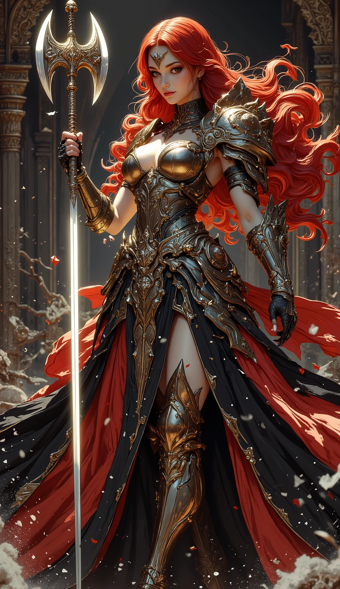 (Masterpiece:1.5,Top Quality:1.3,Amazing Quality:1.3), (Pulsating stance), (Anime Character), ((nsfw)), Solo, Full Length, Chiara, 1 Girl, ((Sexy cute girl:1.5)), White Skin, Silver Gauntlets, Silver Boots, Western sexy Armor, Shining Clothes, gleaming decorations, ((with gigantic Axe type weapon:1.6)), ((sword dance:1.5)), (Wielding a Axe weapon:1.5),pulsatile, The best of the Middle Ages, Female warrior, ready to fight, glamorous, red hair, gothic dress, muscular body, sophisticated and glittering medieval armor, beautiful, very precise and delicate animation, vivid colors, unreal world, fantasy delusion, ((full body view)), (((art background))),