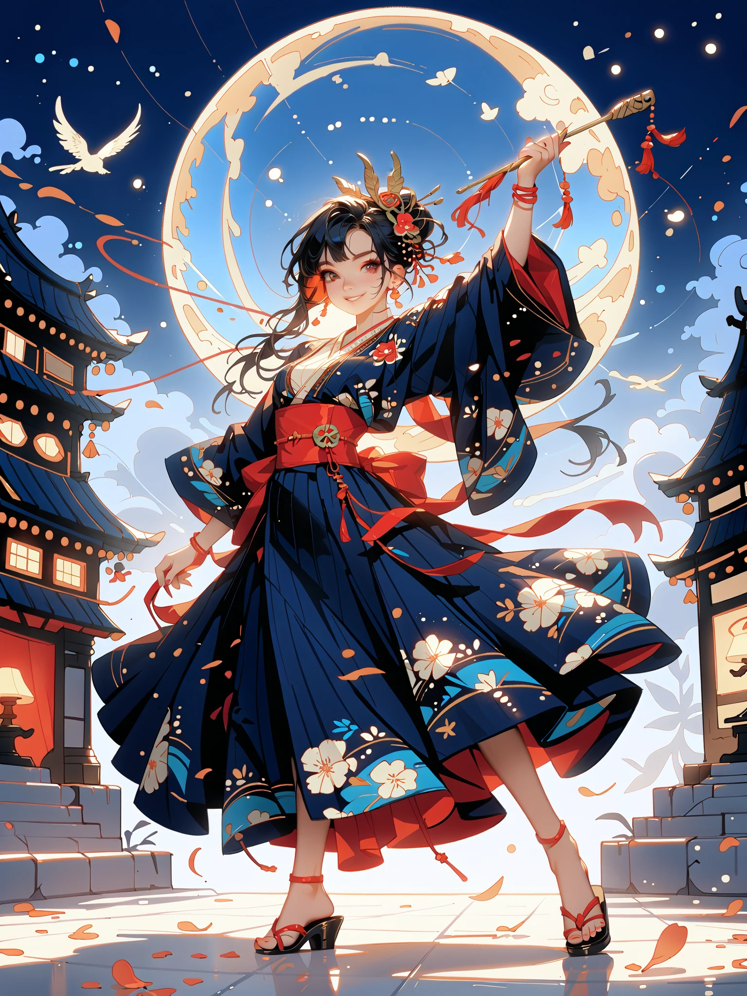 dynamic pose(Foldable Silk Fanを優雅に開き、dancing Japanese dance,)Beautiful age girl illuminated by the moon(A deep smile, black hair,slender figure,supple and curved proportions that glow in Prism School's rainbow colors）A large amount of rainbow-colored particles swirl around the center。
(Foldable Silk Fan)、(Sumptuous gold thread embroidered cherry blossoms and auspicious patterns、The finest red silk kimono、)Gold-embellished hairpin、Sandals。
Weeping cherry blossoms 、Cherry blossom petals soar in large numbers,Jet black night sky 、starry sky。
An anime picture that looks like it was drawn by a top illustrator。
