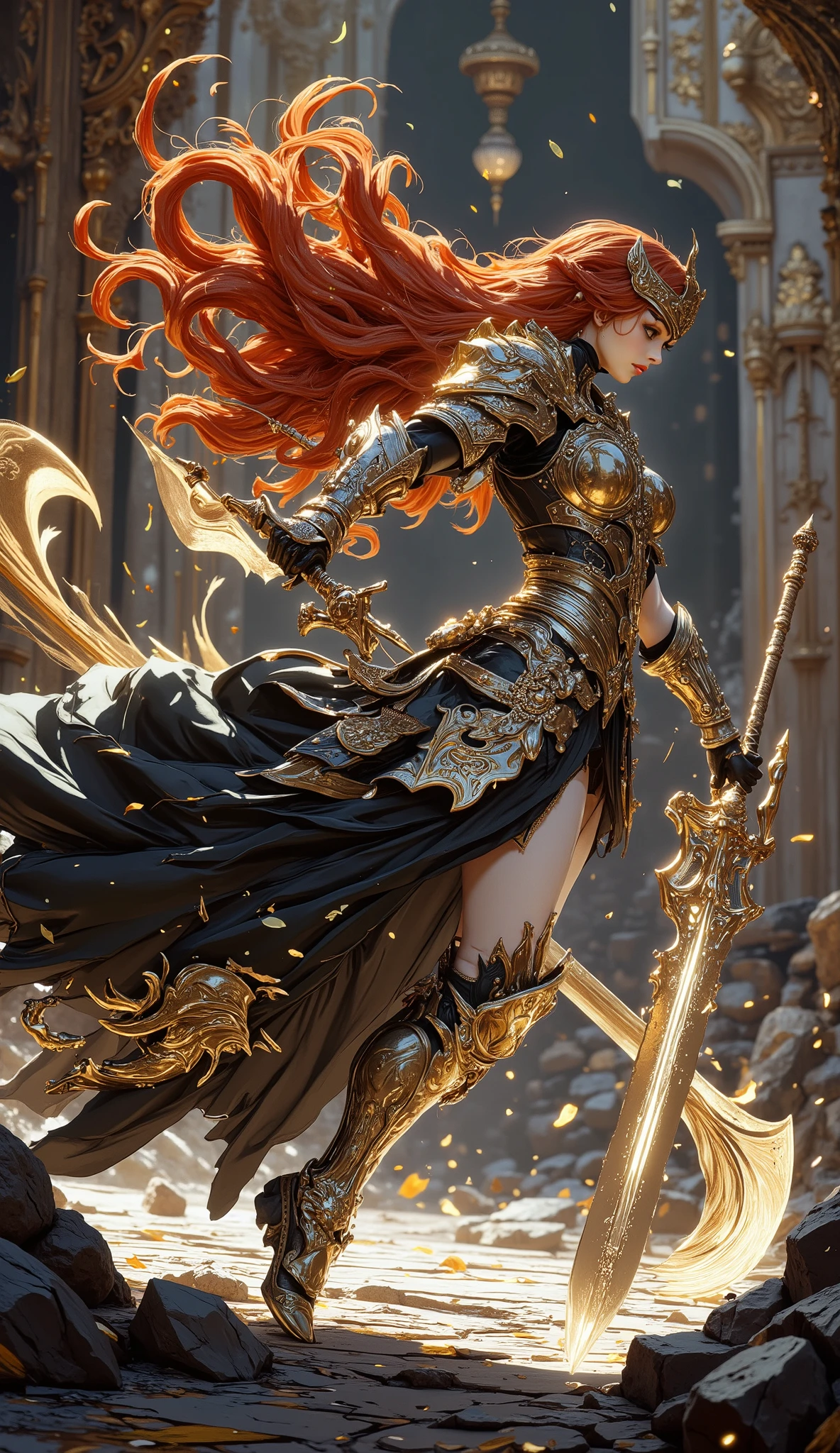 (Masterpiece:1.5,Top Quality:1.3,Amazing Quality:1.3), (Pulsating stance:1.3), (Anime Character), ((nsfw)), Solo, Full Length, Chiara, 1 Girl, ((Sexy cute girl:1.5)), White Skin, Silver Gauntlets, Silver Boots, Western sexy Armor, Shining Clothes, gleaming decorations, ((with gigantic Axe type weapon:1.6)), ((sword dance:1.8)), (Wielding a Axe weapon:1.5),pulsatile, The best of the Middle Ages, Female warrior, ready to fight, glamorous, red hair, gothic dress, muscular body, sophisticated and glittering medieval armor, beautiful, very precise and delicate animation, vivid colors, unreal world, fantasy delusion, ((full body view)), (((art background))),