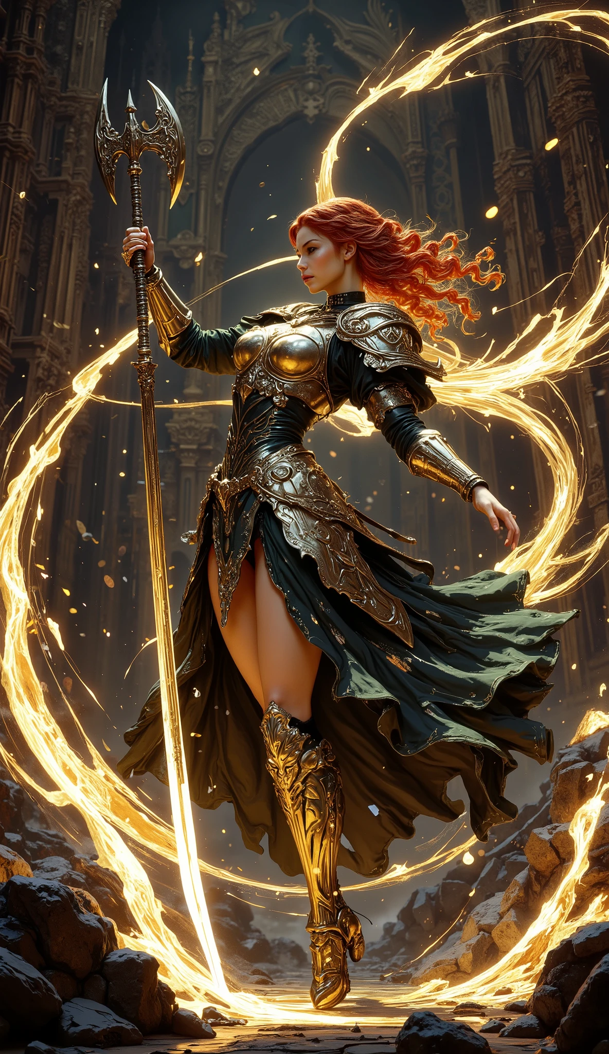 (Masterpiece:1.5,Top Quality:1.3,Amazing Quality:1.3), (Pulsating stance:1.3), (Anime Character), ((nsfw)), Solo, Full Length, Chiara, 1 Girl, ((Sexy cute girl:1.5)), White Skin, Silver Gauntlets, Silver Boots, Western sexy Armor, Shining Clothes, gleaming decorations, ((with gigantic Axe type weapon:1.6)), ((dancing wildly, sword dance:1.8)), (Wielding a Axe weapon:1.5),pulsatile, The best of the Middle Ages, Female warrior, ready to fight, glamorous, red hair, gothic dress, muscular body, sophisticated and glittering medieval armor, beautiful, very precise and delicate animation, vivid colors, unreal world, fantasy delusion, ((full body view)), (((art background))),
