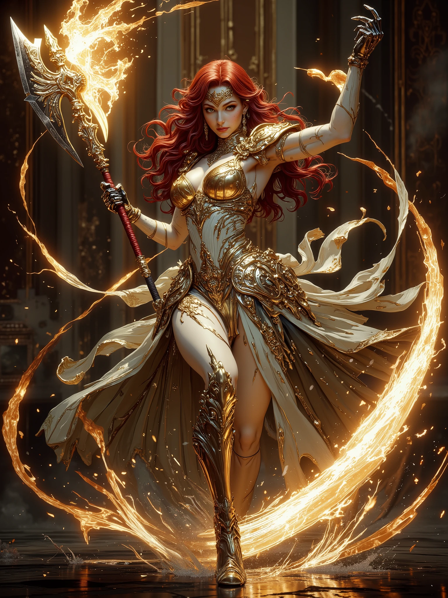 (Masterpiece:1.5,Top Quality:1.3,Amazing Quality:1.3), (Pulsating stance:1.3), (Anime Character), ((nsfw)), Solo, Full Length, Chiara, 1 Girl, ((Sexy cute girl:1.5)), White Skin, Silver Gauntlets, Silver Boots, Western sexy Armor, Shining Clothes, gleaming decorations, ((with gigantic Axe type weapon:1.6)), ((dancing wildly, sword dance:1.8)), (Wielding a Axe weapon:1.5),pulsatile, The best of the Middle Ages, Female warrior, ready to fight, glamorous, red hair, gothic dress, muscular body, sophisticated and glittering medieval armor, beautiful, very precise and delicate animation, vivid colors, unreal world, fantasy delusion, ((full body view)), (((art background))),