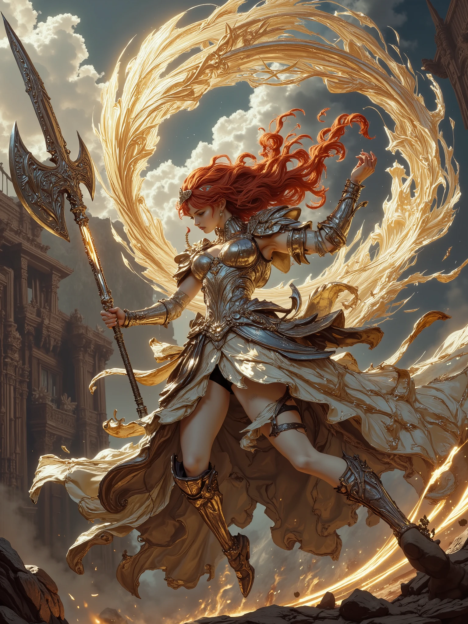 (Masterpiece:1.5,Top Quality:1.3,Amazing Quality:1.3), (Pulsating stance:1.3), (Anime Character), ((nsfw)), Solo, Full Length, Chiara, 1 Girl, ((Sexy cute girl:1.5)), White Skin, Silver Gauntlets, Silver Boots, Western sexy Armor, Shining Clothes, gleaming decorations, ((with gigantic Axe type weapon:1.6)), ((dancing wildly, sword dance:1.8)), (Wielding a Axe weapon:1.5),pulsatile, The best of the Middle Ages, Female warrior, ready to fight, glamorous, red hair, gothic dress, muscular body, sophisticated and glittering medieval armor, beautiful, very precise and delicate animation, vivid colors, unreal world, fantasy delusion, ((full body view)), (((art background))),