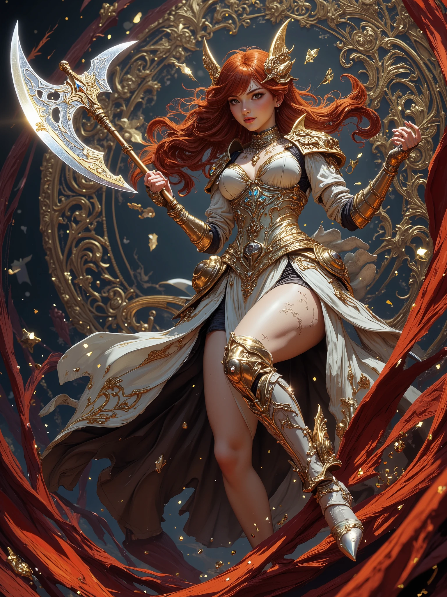 (Masterpiece:1.5,Top Quality:1.3,Amazing Quality:1.3), (Pulsating stance:1.3), (Anime Character), ((nsfw)), Solo, Full Length, Chiara, 1 Girl, ((Sexy cute girl:1.5)), White Skin, Silver Gauntlets, Silver Boots, Western sexy Armor, Shining Clothes, gleaming decorations, ((with gigantic Axe type weapon:1.6)), ((dancing wildly, sword dance:1.8)), (Wielding a Axe weapon:1.5),pulsatile, The best of the Middle Ages, Female warrior, ready to fight, glamorous, red hair, gothic dress, muscular body, sophisticated and glittering medieval armor, beautiful, very precise and delicate animation, vivid colors, unreal world, fantasy delusion, ((full body view)), (((art background))),